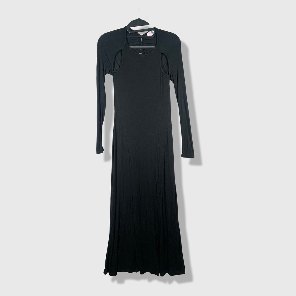 FP Beach Maxi Dress Women XS Black Cut Out Back Ribbed Long Sleeve Boho Resort